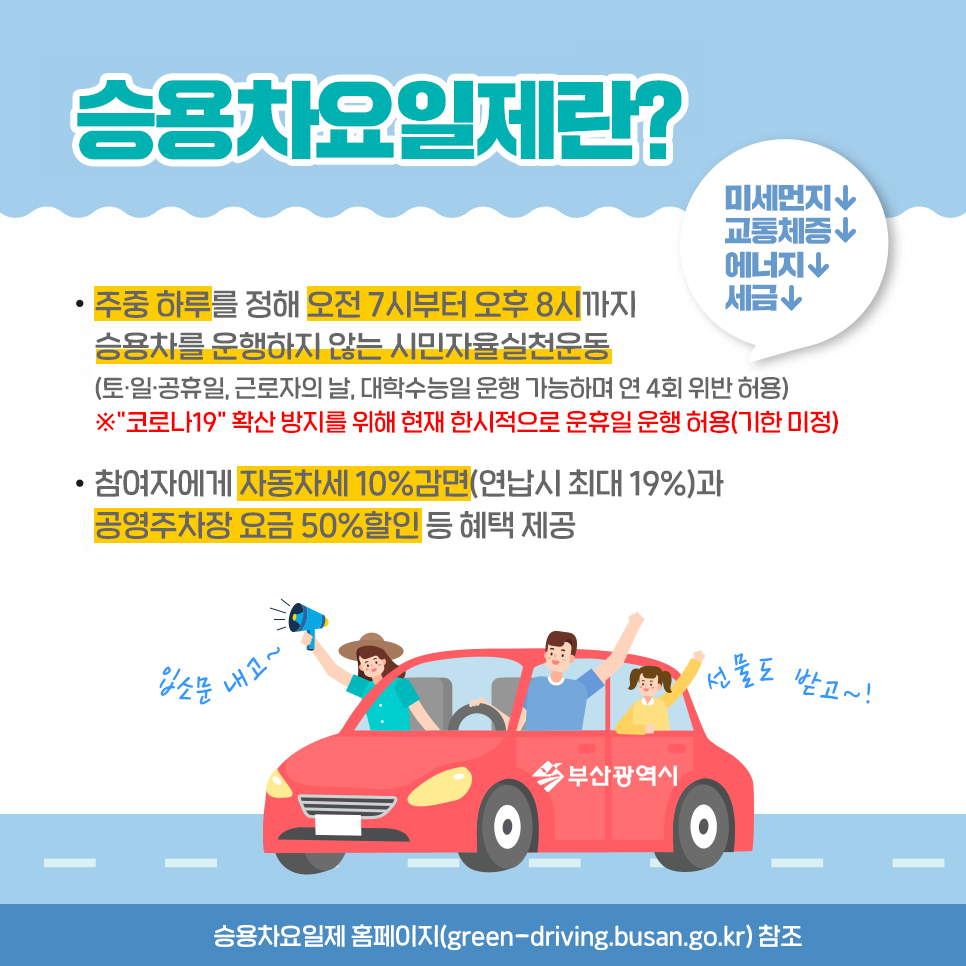 BusanCityGovt's tweet photo. 교통체증과 미세먼지를 줄여주는
부산시 승용차 요일제!
입소문내고 선물 받으세요!

참여자 중 추첨을 통해 100명을 선정,
모바일 기프티콘(치킨세트 20명, 커피2잔 80명)을 드립니다!

+참여하러 가기 ☞ https://t.co/dKGt92DkvS https://t.co/AlszkpkOzO