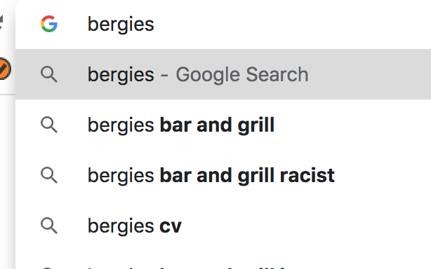 BlueHorizonCA25's tweet photo. Gee, I just searched for Bergies Bar and Grill and the result came up racist. I guess even the web knows it's not kind to attack fruit vendors in .@santaclarita #Latino @laloalcaraz https://t.co/NypGx3K3Pu