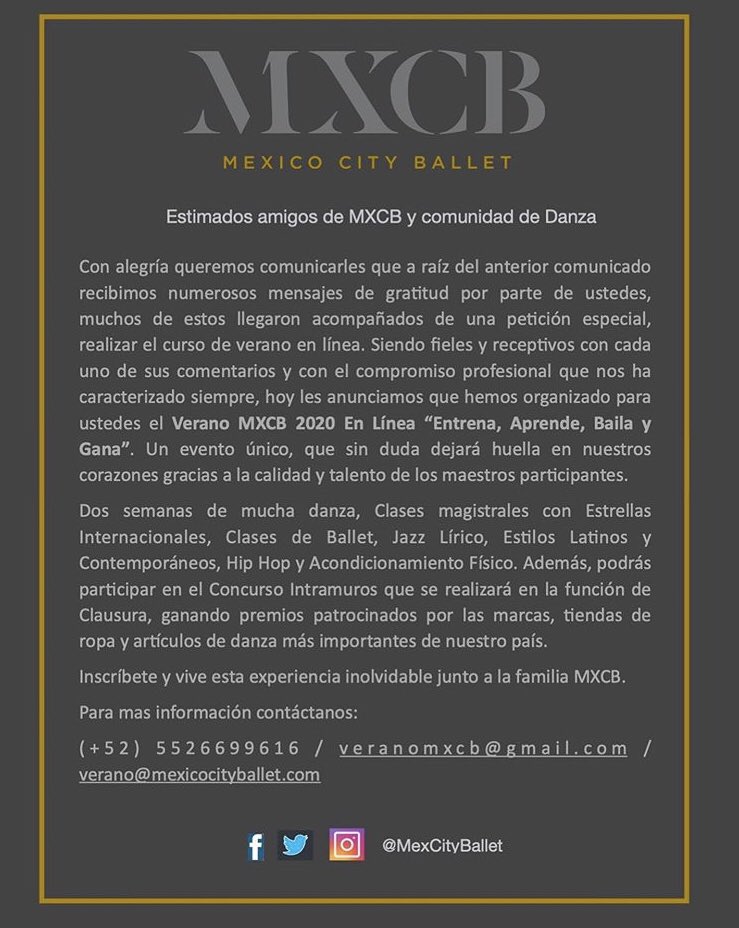 MXCBschool's tweet photo. Comunicado Verano en línea MXCB 2020 “Entrena, Aprende, Baila y Gana” https://t.co/KYTwFM8Q5R