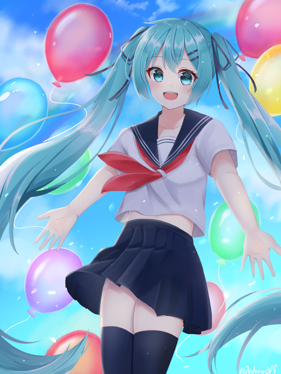 初音ミク「ピアプロ運営です。本日は「風船」作品をご紹介!NoNeさんの、セーラー服がとても」|piapro(ピアプロ)のイラスト