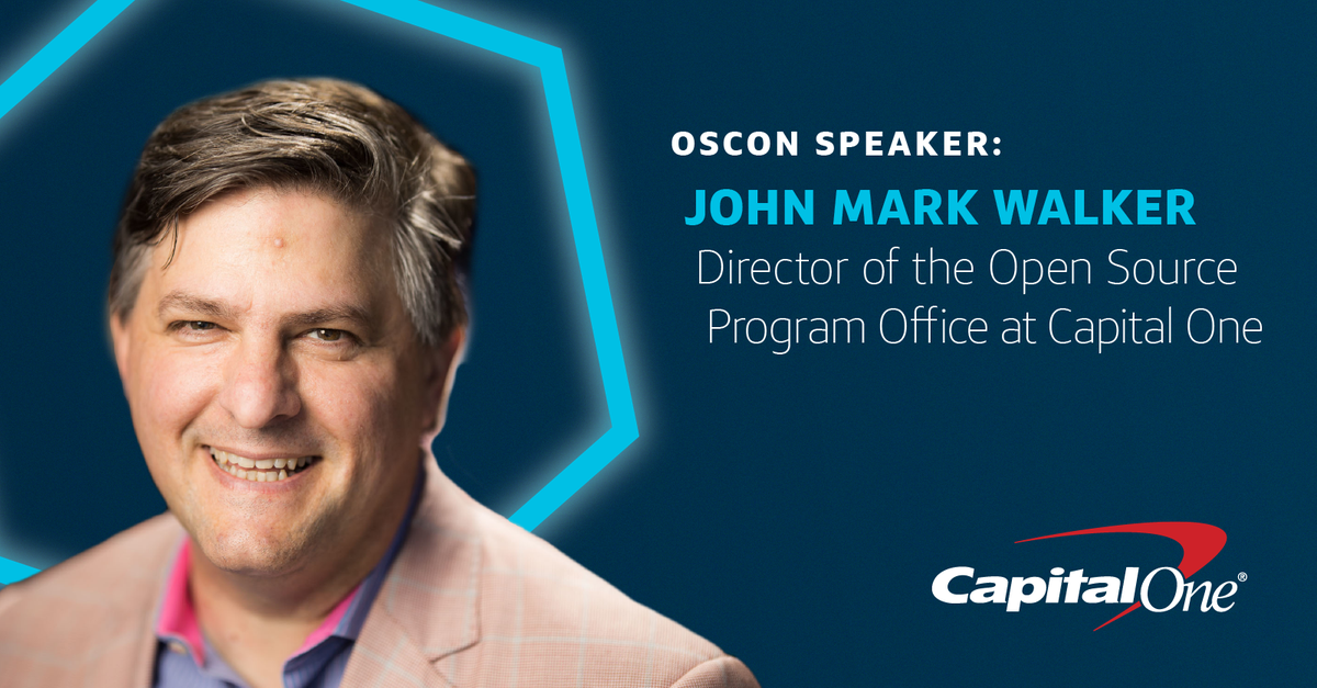 CapitalOneTech's tweet photo. In 30 minutes, tune in as our own @jm_stuff shares a glimpse of how we foster an open source environment for developers in a regulated industry. #OSCON2020