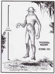2/3) reportedly provided by a police officer who "fielded roughly 50 phone calls that night [in 1973] from people claiming to have seen something unusual in the sky." Shown here, depictions by unknown artists of the abducting entities described by Parker and Hickson.
