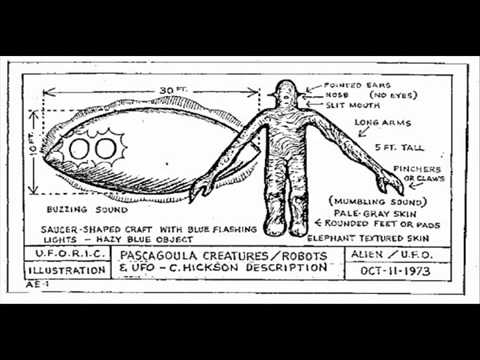 2/3) reportedly provided by a police officer who "fielded roughly 50 phone calls that night [in 1973] from people claiming to have seen something unusual in the sky." Shown here, depictions by unknown artists of the abducting entities described by Parker and Hickson.