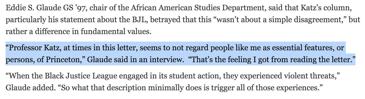 Back to the Declaration by Katz. Another Princeton faculty member--Chair of African American Studies described his writing as "triggering" and made him feel like he wasn't a person (?) Hyperbole, much?