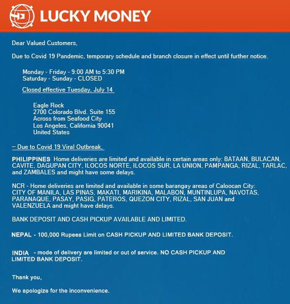 Luckymoneyusa's tweet photo. New notice for Eagle Rock Branch LA, Please review our latest services below.

and as always,

Thanks for staying safe and healthy.

#Remittance #SendMoney #StaySafe #StayHealhy #Notice #News https://t.co/0z1crLbSOe