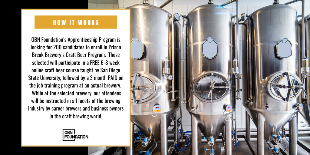 OBNFoundation's tweet photo. So, how does it work? 1. 200 candidates enroll in @PrisonBBrewery's Craft Beer Program 2. FREE 6-8 week online craft beer course with @SDSU 3. Three month PAID on the job training program at an actual brewery + MORE. https://t.co/RwwV4hu60q #secondchances https://t.co/hL5uS3O3Kq