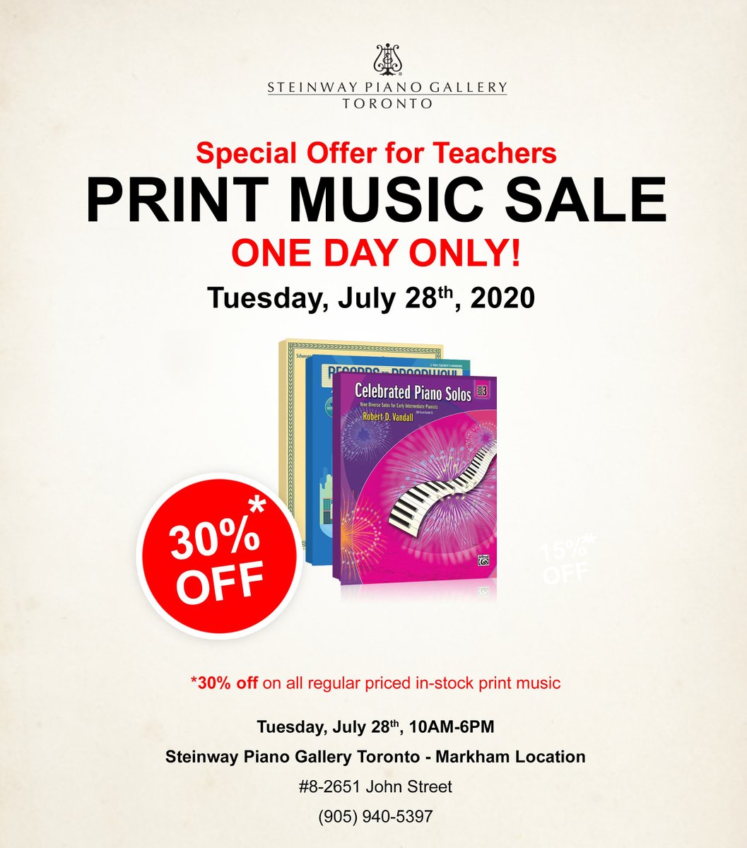 Enjoy 30% OFF all of our in-stock print music, for one day only! Come to our beautiful gallery in Markham on Tuesday, July 28th from 10:00 am to 6:00 pm and pick up some new print music.
LEARN MORE: ow.ly/a6Cu50Axmju