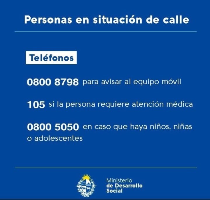 mariocolman's tweet photo. ⚠️Si ves personas en situación de calle ayúdalos comunicándote a estos números. 

0️⃣8️⃣0️⃣0️⃣   8️⃣7️⃣9️⃣8️⃣ equipo móvil

1️⃣0️⃣5️⃣  si necesita atención médica 

0️⃣8️⃣0️⃣0️⃣   5️⃣0️⃣5️⃣0️⃣ si hay niñas, niños o adolescentes 

@midesuy @ASSEcomunica @Minterioruy @MDN_Uruguay https://t.co/YFBAF4fil2