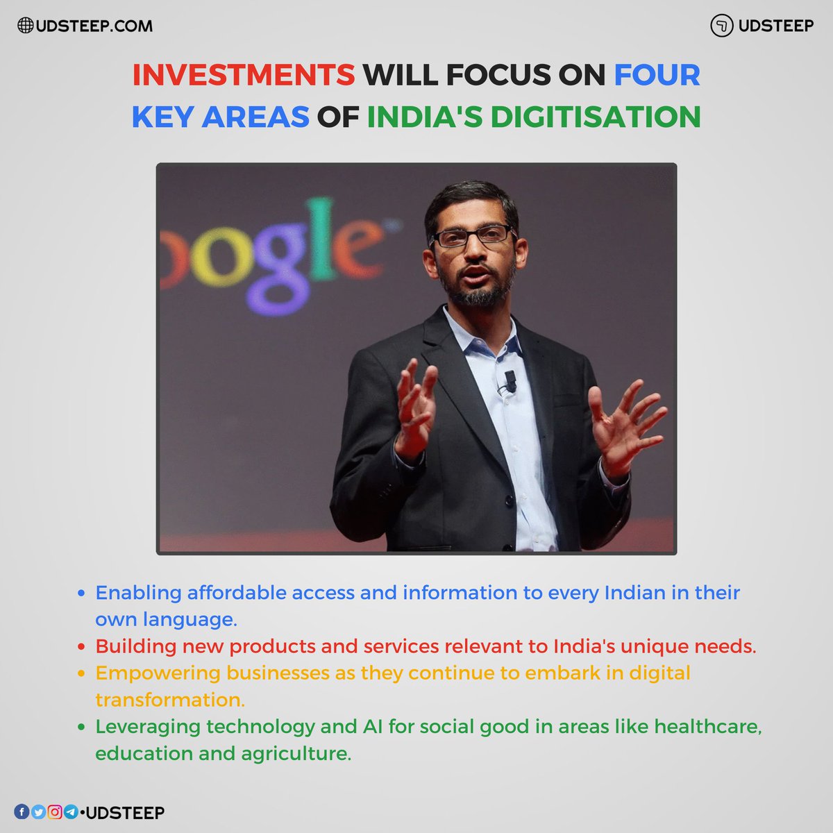udsteep's tweet photo. Google has announced that it plans to invest over ₹75,000 crores ($10 billion) in India over a period of 5-7 years.
#Google #GoogleINDIA #SundarPichai #Alphabet #GoogleForINDIA #INDIA #DigitalEconomy #DigitalINDIA #MakeInINDIA #MadeInINDIA #Business #MadeForINDIANS #UDSTEEP https://t.co/zVieI6y2ud