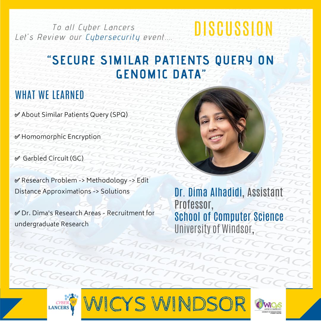 wicyswindsor's tweet photo. Thank you Dr. Dima Alhadidi for giving a great presentation to our student chapter on "Secure Similar Patients Query on Genomic Data".

The undergraduate students who attended the event loved it and are interested to join your #research group.

Resources:
https://t.co/5WLo3ahYlp https://t.co/ZsAFgUpIPc