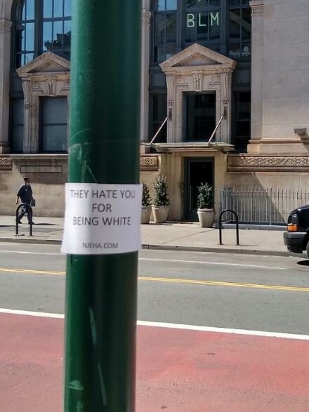EuropeanAssoc's tweet photo. NJEHA activists placed promotional materials around:
--New York, New York
--Maple Shade , New Jersey
--Aquetong, Pennsylvania
--Livingston, New Jersey
#BLMAreBlackLyingMarxists
#DefendWesternCivilization
#StandUpPatriots https://t.co/nBKqYw1dXR