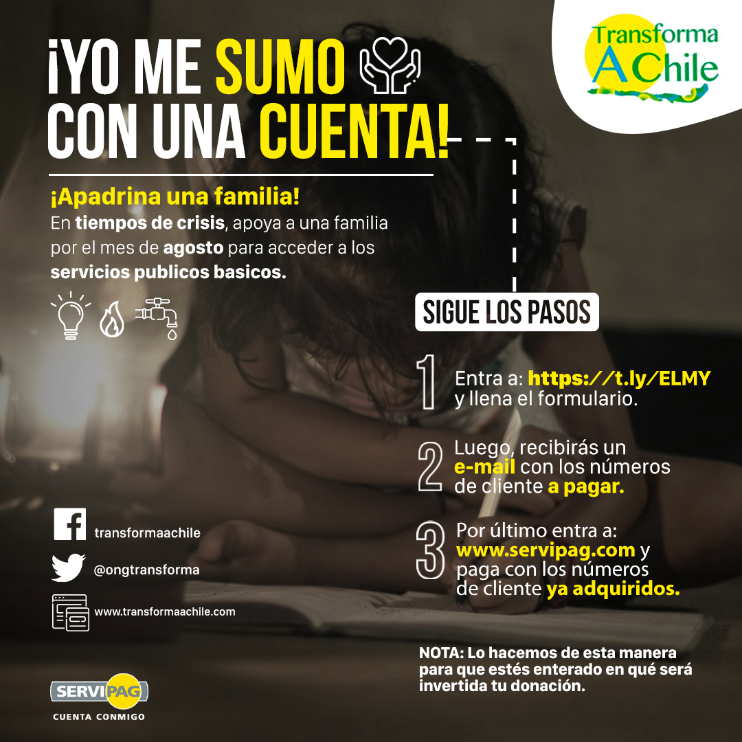 ongtransforma's tweet image. Te invitamos a ser parte de la campaña YO ME SUMO CON UNA CUENTA para el mes de agosto.

Ayudanos a ayudar inscribiendote en el siguiente link t.ly/ELMY

transformaachile.com
 
instagram.com/p/CChagSfHIvw/…