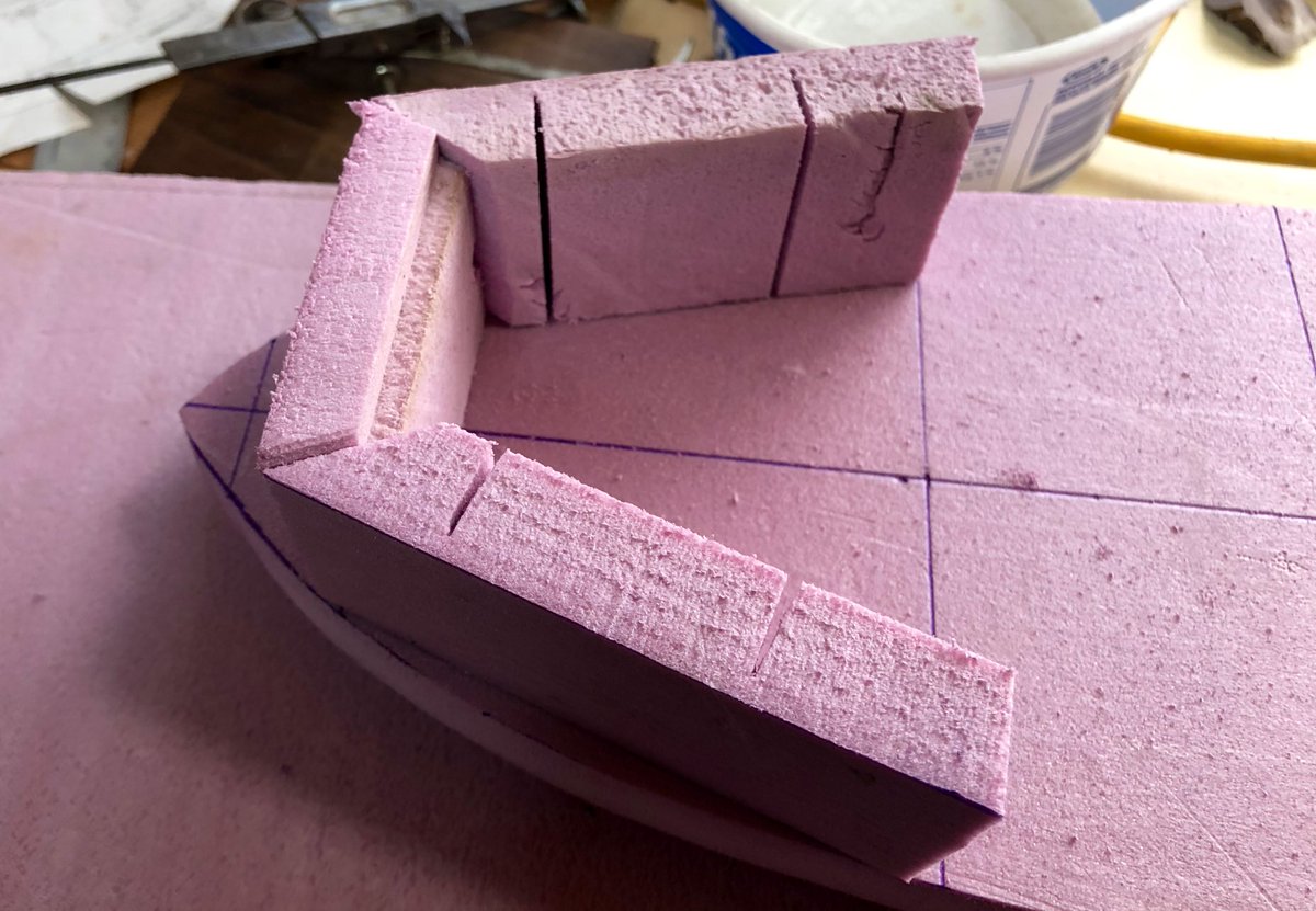 fiddlewurt's tweet photo. Starting forecastle. The slits are so that the foam can bend and curve with the hull shape. Just need to pin and glue after the main hull is done drying. #dndterrain #diyterrain https://t.co/dnUgtRBRrr