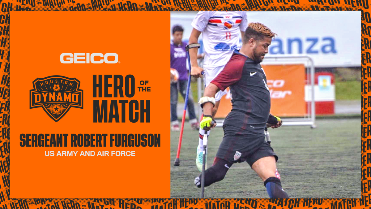 HoustonDynamo's tweet photo. Join us in recognizing tonight’s @GEICO Hero of the Game Sergeant Robert Furguson  👏

A member of the US National amputee soccer team Sergeant Furguson is working with @DynamoCharities to grow awareness of amputee soccer and build a team up in Texas. https://t.co/pHsGlMFdmp