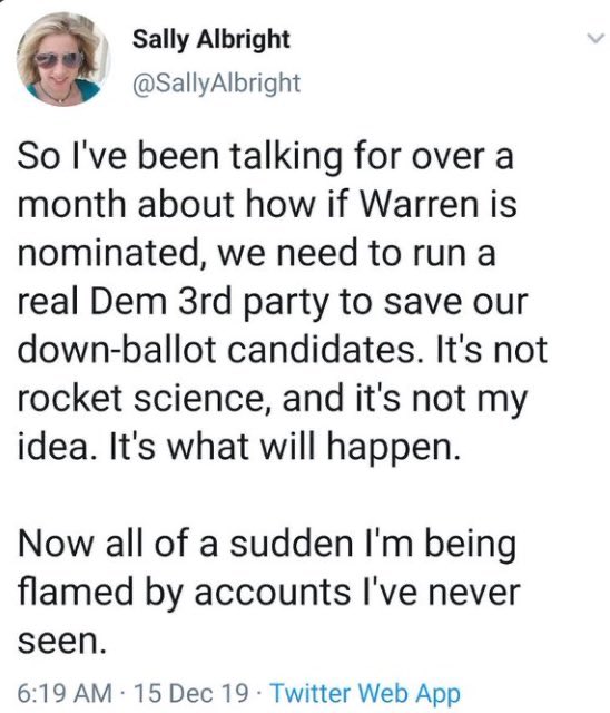I was reminded by a thread by  @danapaige23 that Sally Albright advocated for having a third party candidate to split the vote if Warren were to become the nominee!And now Sally’s Never-Warren for VP.I shouldn’t have to explain why this is ridiculous and destructive.