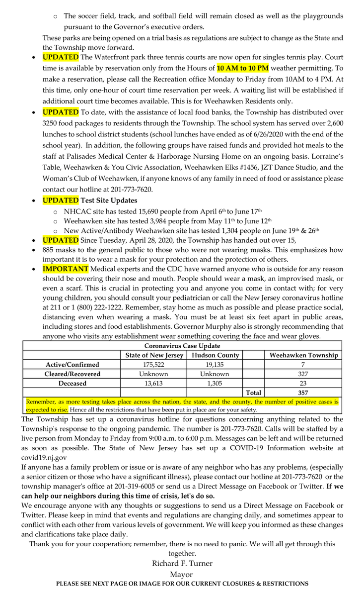 weehawkennj's tweet photo. Weehawken Coronavirus Update (7/13/20)
(1 of 3) https://t.co/XKaMsnoV87