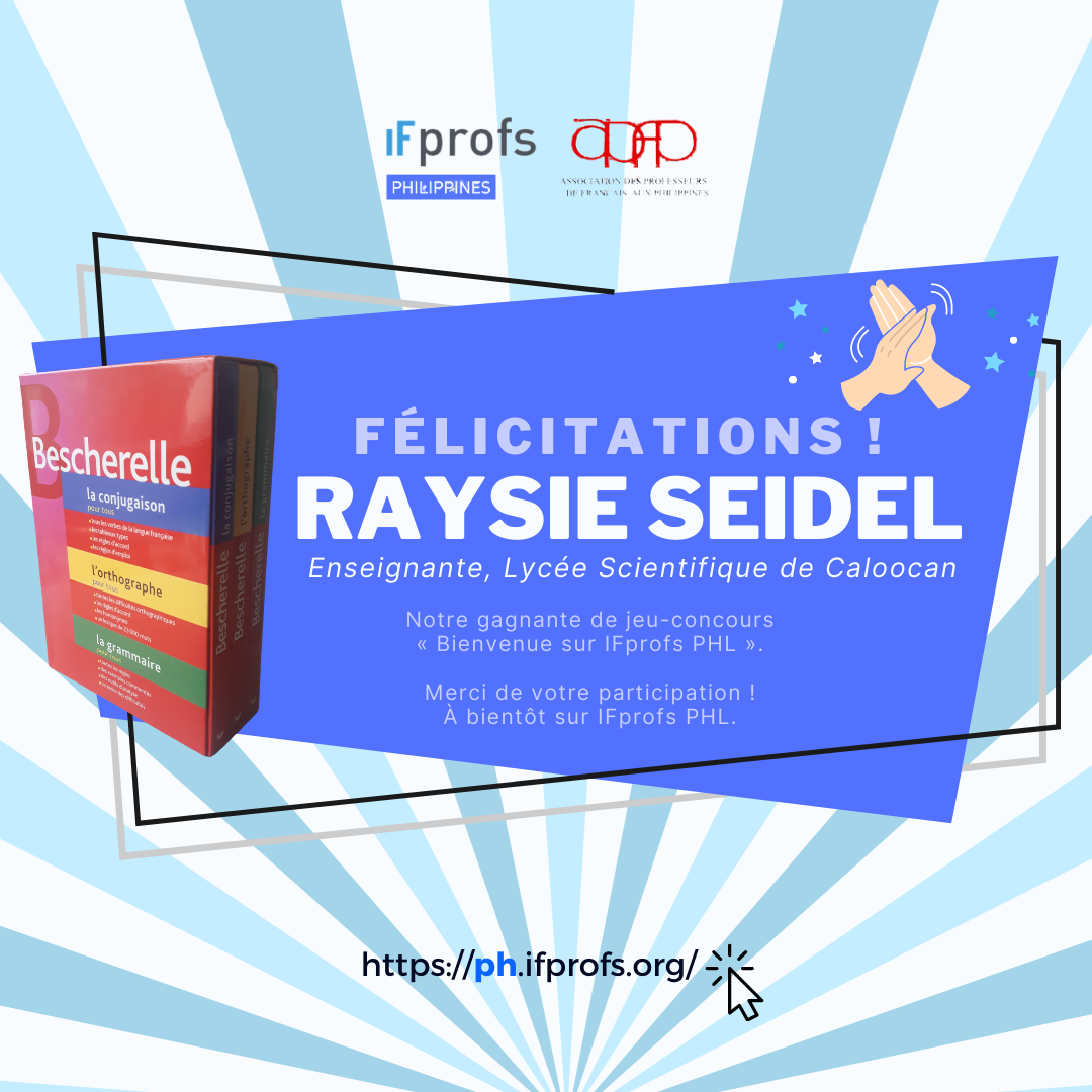 apfphl's tweet photo. Le jour J est arrivé! C'est notre plaisir de vous annoncer la gagnante de notre jeu-concours «Bienvenue sur IFprofs Philippines». 

Félicitations Raysie Seidel, enseignante du FLE au Lycée Scientifique de Caloocan. Bravo, vous avez gagné!

🌐 À bientôt sur https://t.co/XcCc4onDn1 https://t.co/yFYzFaQBfv