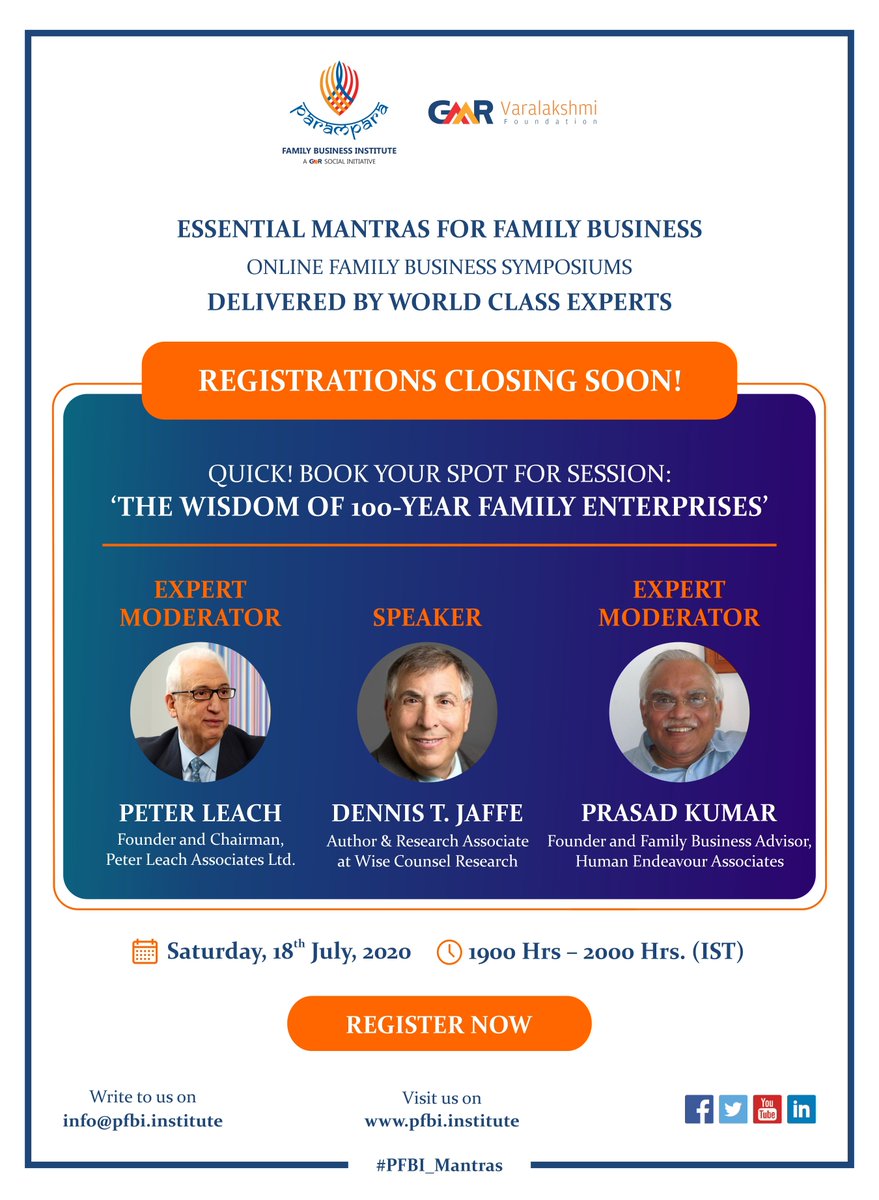PFBIInstitute's tweet photo. The countdown has begun and we are only a few days away from the first online symposium.
If you have not registered yet, do it soon by visiting
https://t.co/DcMSDiGlhA
...
#PFBI #OnlineSymposium #FamilyBusiness #PFBI_Mantras
#Dennisjaffe #Peterleach #PrasadKumar #Tatwamasidixit https://t.co/JyHAyfEPQp