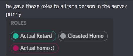 tw// transphobia, r slur, homophobia? these are roles who were given to a trans person who was in the server