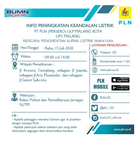 sukangepes's tweet photo. Info peningkatan keandalan listrik ulp malang kota 15 juli 2020 @infomalang @Senaputra_FM @RRIMalang @PuspitaFM https://t.co/4xx8MXA4ab