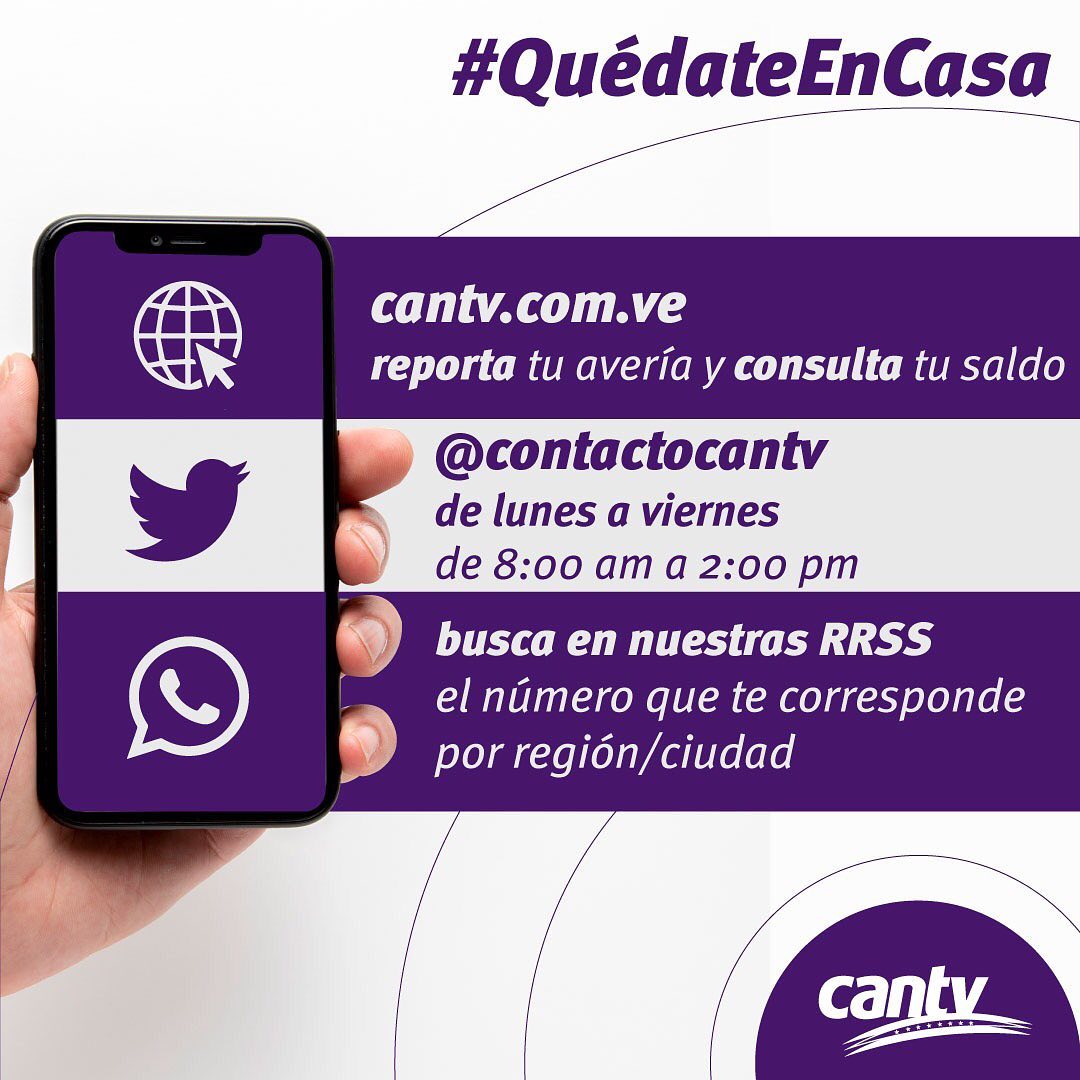 salaprensaCantv's tweet photo. #16Jul Desde tu hogar podrás hacer tus requerimientos a través de nuestros canales digitales de atención. #QuédateEnCasa y crea conciencia para sumarnos a la lucha contra el Covid-19 https://t.co/rGJqLemAtL