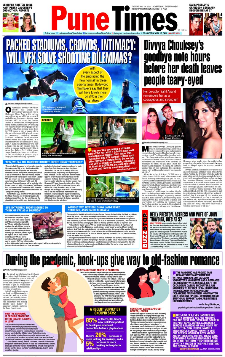 PuneTimesOnline's tweet photo. From VFX becoming a probable option for solving shooting dilemmas, to #DivyaChouksey's passing, and more, here are today's top-stories from #PuneTimes. Read more, here: https://t.co/Oa6xYWtSBP https://t.co/3j972CDRWU