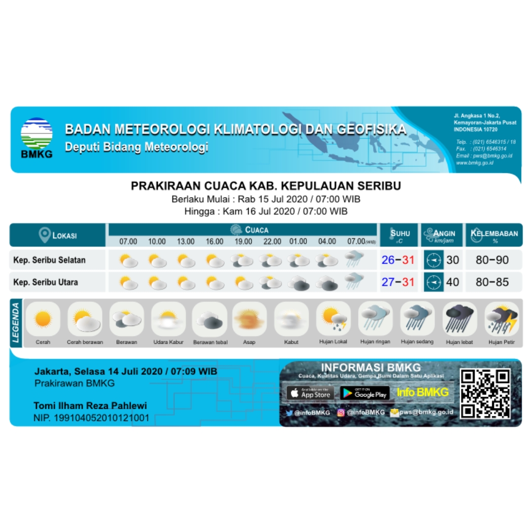 infoBMKG's tweet photo. (2/2) Kami sampaikan Prakiraan Cuaca Esok Hari untuk Wilayah DKI Jakarta (Per-Kecamatan).
Dapat diakses juga di link : https://t.co/nzb5ALcP2U

Dan unduh aplikasi InfoBMKG melalui Appstore dan Playstore

#infobmkgpws #markicugrafis #14Juli2020pws https://t.co/BNKVzktTOR