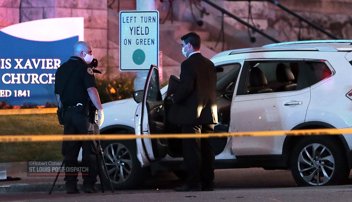 Three ambulances on scene at Grand and Lindell in front of College Church. Two people were reported shot in or near a bullet-riddled SUV that is stopped in front of church, the north boundary of @SLU_Official. More coming @stltoday