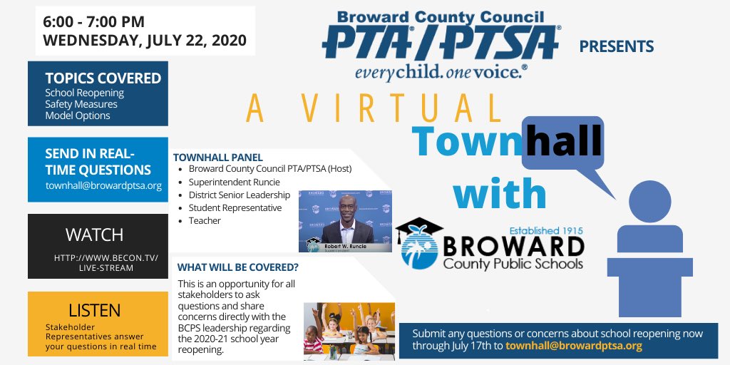 Broward PTA/PTSA (@bccptaptsa) on Twitter photo We are hosting a Community Town Hall on July 22 6-7pm on BECON TV. Submit any questions/concerns you may have about school reopening now through July 17th to townhall@browardptsa.org to be answered by a panel of BCPS leadership and community representatives. <a href="/browardschools/">Broward Schools</a> We are hosting a Community Town Hall on July 22 6-7pm on BECON TV. Submit any questions/concerns you may have about school reopening now through July 17th to townhall@browardptsa.org to be answered by a panel of BCPS leadership and community representatives. <a href="/browardschools/">Broward Schools</a>