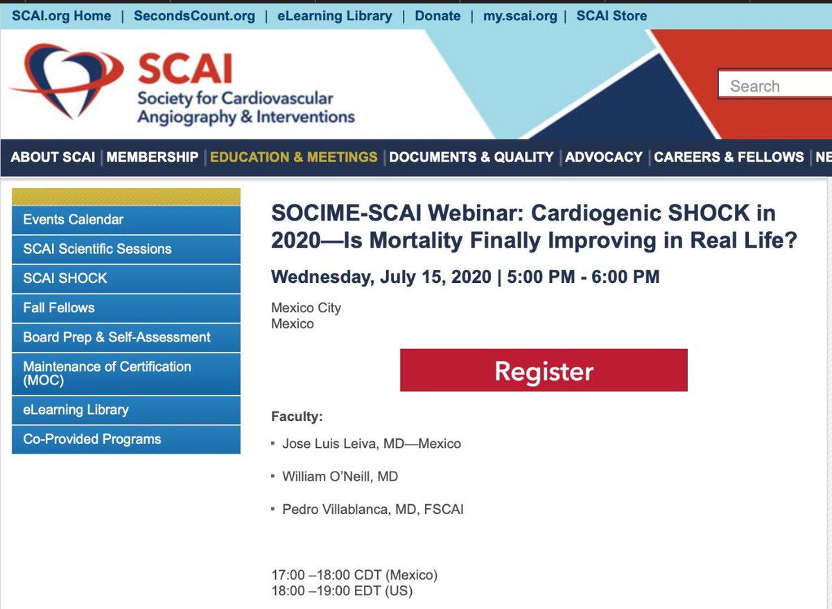 SOCiME_'s tweet photo. @SOCiME_ - @SCAI Webinars:

Cardiogenic SHOCK in 2020 - Is Mortality Finally Improving In Real Life?

Wed - 15.07.20 / 5pm (Mx)

José Luis Leiva
William O’Neill
Pedro Villablanca

Register here: 
https://t.co/fQbTLUqUyl https://t.co/6Jadhz0OdX