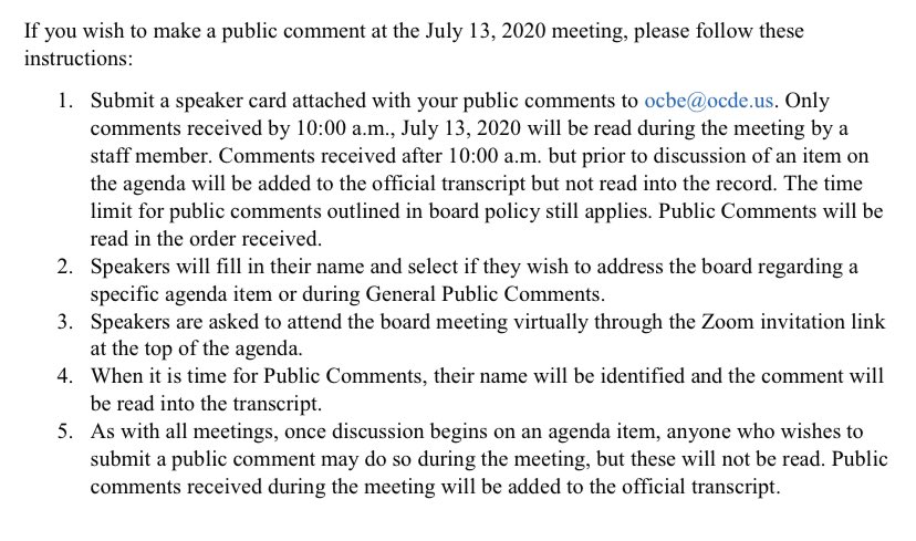 This meeting needs to be in compliance w/the Americans with Disabilities Act, by requiring accommodations. Their agenda clearly states that emailed comments will be read if submitted in time, and the 30 mins outlined in the agenda was already extended to allow friends to speak.