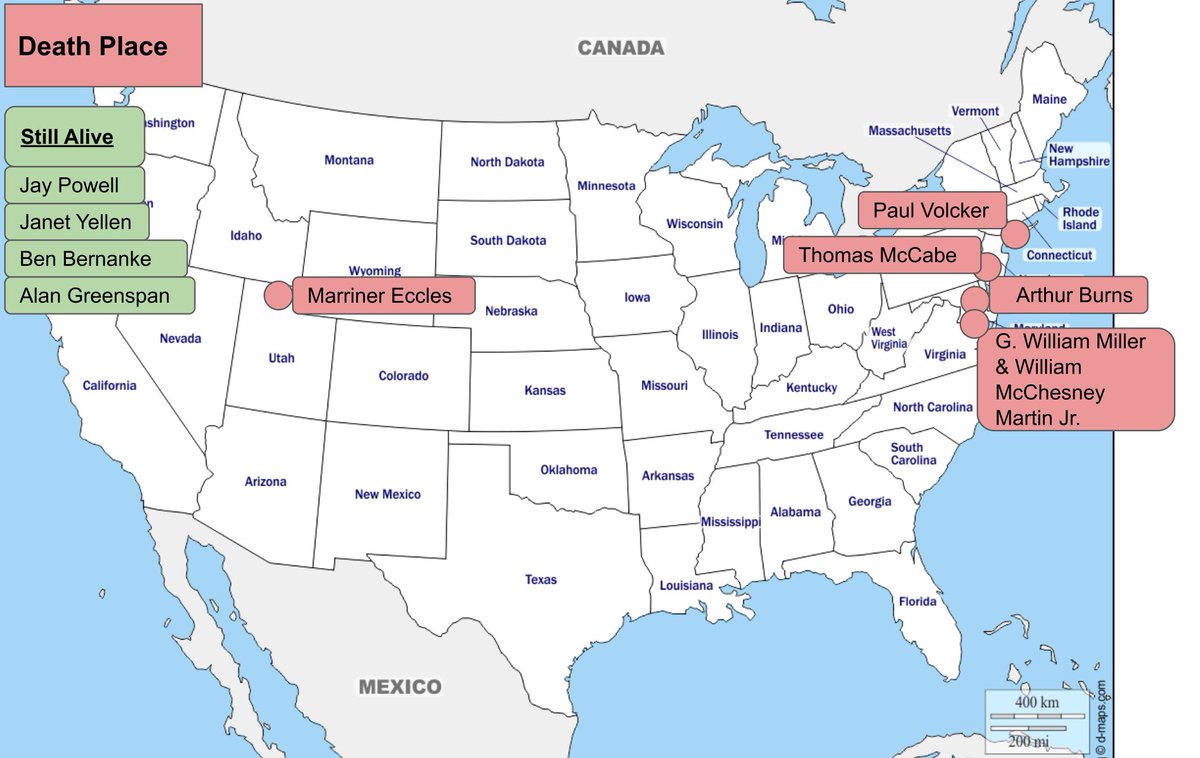 For those that have passed, here’s where the Fed Chairs died. [16/19]