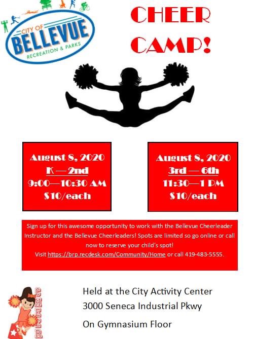 BellevueRecDept's tweet photo. Cheer Camp is coming fast!! August 8 for grades K–6 (see specific breakdown in groups and times on the flier). Sign up at (https://t.co/rVlAT7Jg7M) or call us at 419-483-5555. https://t.co/Gh9RPskqw5