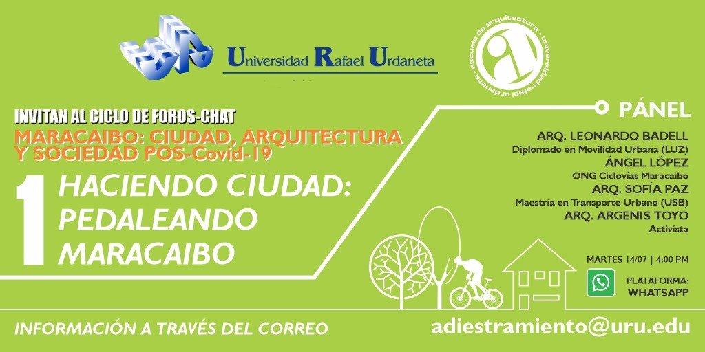 Te invitamos al inicio del Ciclo de Foros-Chat "Maracaibo: Ciudad, Arquitectura y Sociedad Pos-covid-19"
Organizado por la Escuela de Arquitectura de la Universidad Rafael Urdaneta
Información adicional por el correo
adiestramiento@uru.edu #URUconstructoresdeunNUEVOPAIS
