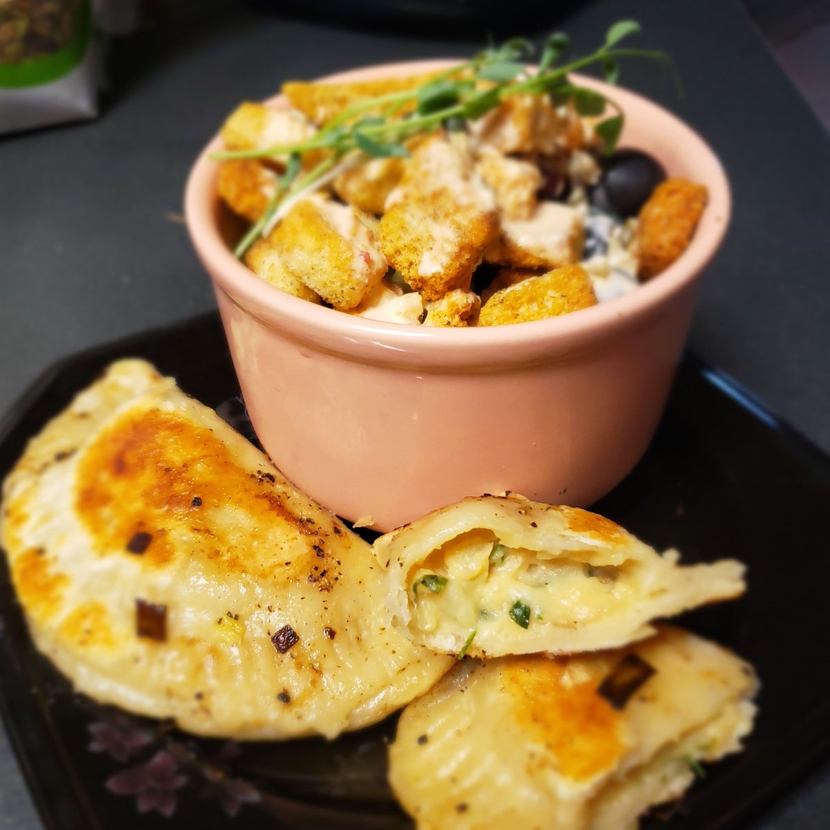 farms_fight's tweet photo. Homemade Pea Shoot Perogies with a Loaded Micro Salad! 
#FightFarms #microgreens #YUM #eatwelllivewell https://t.co/Bj5HwPfOTw
