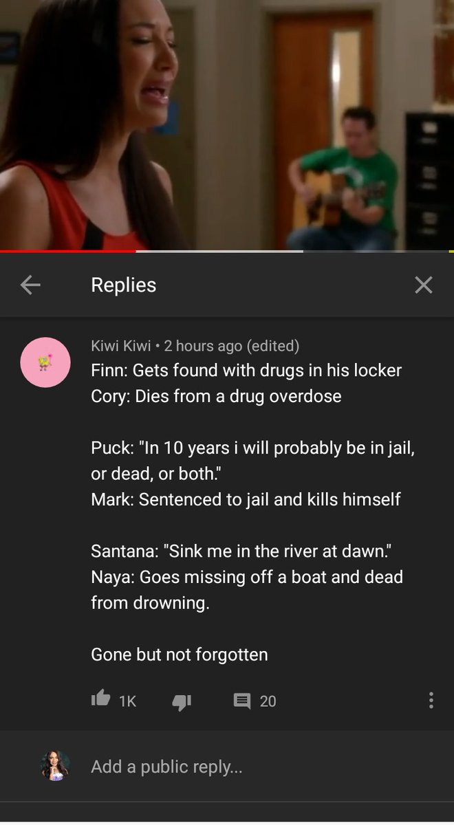 kkylleeeei's tweet photo. was crying while rewatching this seen and seen this comment 😭

My glee heart 😣

 Rest in Peace, Naya Rivera. 1987-2020. https://t.co/AUb0OSK1XG