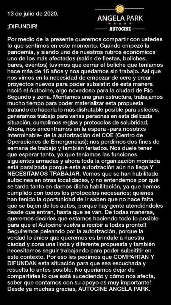 RodrigoTomasin3's tweet photo. Que ganas de seguir trabajando y creciendo en este proyecto hermoso que es el AUTOCINE 🎬🚗.
Siento mucha impotencia de que no llegue esta autorización del COE, ya se perdieron dos semanas de trabajo para mi familia y las personas que estuvieron trabajando 😕 https://t.co/Lt8bqfc3LB