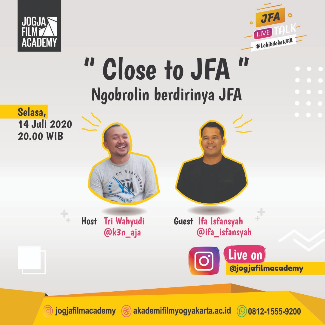 jogjafilmac's tweet photo. Jangan lupa gaes, nanti jam 8 malam akan ada live ig bareng founder Jogja Film Academy... Stay tune di IG @jogjafilmacademy, See you there! https://t.co/Vqsk7T5wl5