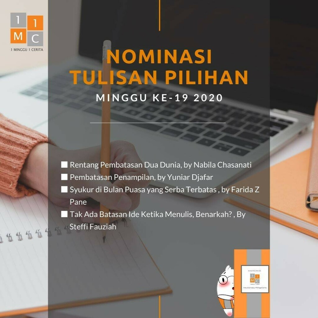 1minggu1cerita's tweet photo. Ini dia #artikelpilihan untuk #tulisanfavorit1m1c minggu ke-19 tahun 2020. Minggu ke-19 ini adalah minggu tema PEMBATASAN. Yuk pilih tulisan favoritmu di https://t.co/f9mHpo5KVV sebagai bentuk apresiasi sesama member. ☺️
Menulislah walau #1minggu… https://t.co/lKfIL9dv2E https://t.co/20o2I1M8TV