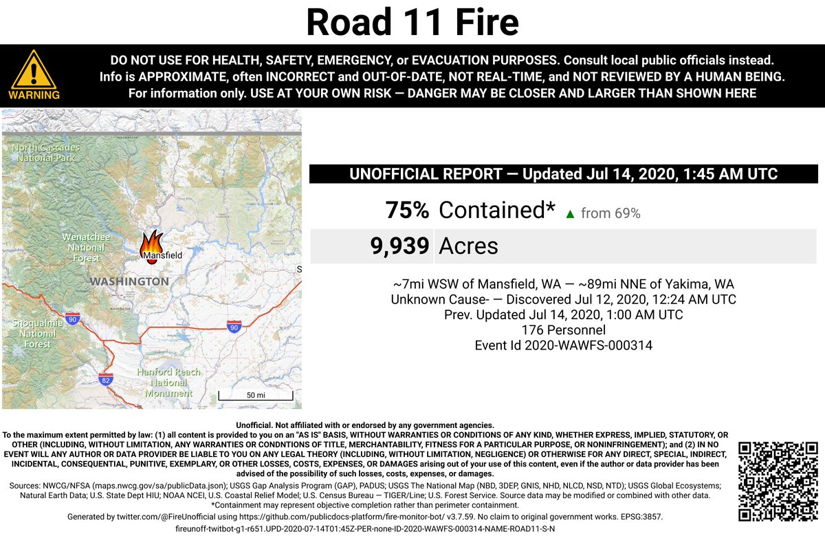 PacNWFireBot's tweet photo. #Road11Fire 🔥 unofficial, automated update.
~7mi WSW of Mansfield, WA. ⚠️ DO NOT USE FOR SAFETY PURPOSES - See officials instead. May be incorrect; disclaimers in images. https://t.co/OUXbrkajid