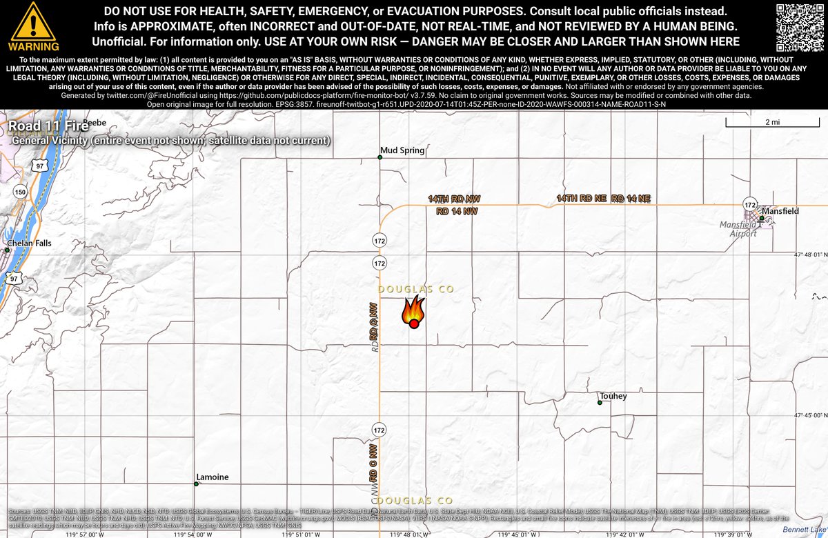 PacNWFireBot's tweet photo. #Road11Fire 🔥 unofficial, automated update.
~7mi WSW of Mansfield, WA. ⚠️ DO NOT USE FOR SAFETY PURPOSES - See officials instead. May be incorrect; disclaimers in images. https://t.co/OUXbrkajid