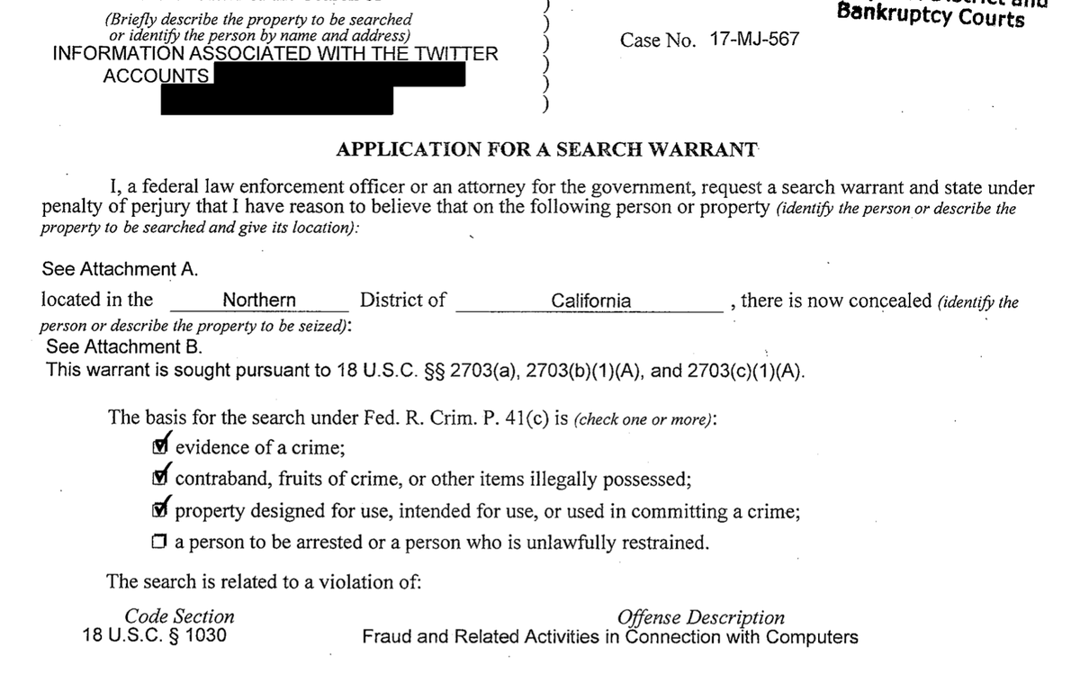 They started searching Roger's Twitter account *ahem* for a prosecution over 18 U.S. Code §1030, FRAUD WITH COMPUTERS.And it goes from there.