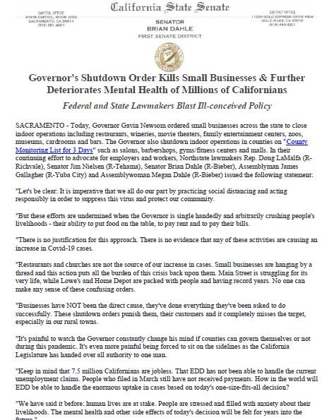 BrianDahleCA's tweet photo. Earlier today, I joined my colleagues from the North State in issuing this statement on closing down California.
@CASenatorJim @RepLaMalfa @J_GallagherAD3 @AsmMeganDahle https://t.co/dgrsjmeldb