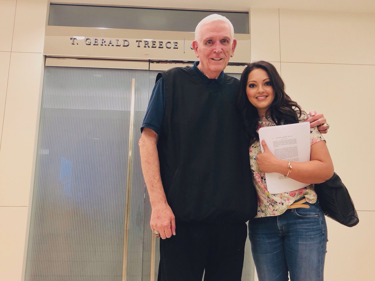RekhaKHOU's tweet photo. Gerald Treece believed in the constitution, the importance of family, and helping everyone understand the law. I will miss his Texas drawl and giant heart. My last picture with Gerald Treece outside the courtroom named after him. @KHOU https://t.co/XvkGmuyh6e