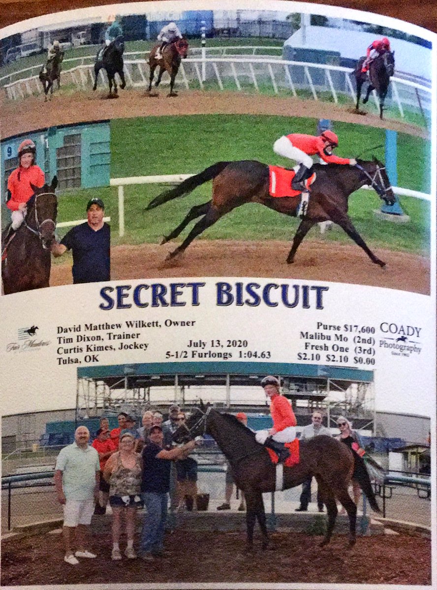 RacingDmw's tweet photo. #SecretBiscuit earned a trip to the Winner’s Circle in an Allowance Race for 5 1/2 Furlongs tonight at #FairMeadows @Tulsaexposquare !! With Tim Dixon as the Trainer and Curtis Kimes as the pilot! Good times with Good Friends!  #DMWRS #HorseRacing #Letsgo #OkieOufit https://t.co/rxGYfxSJ0d