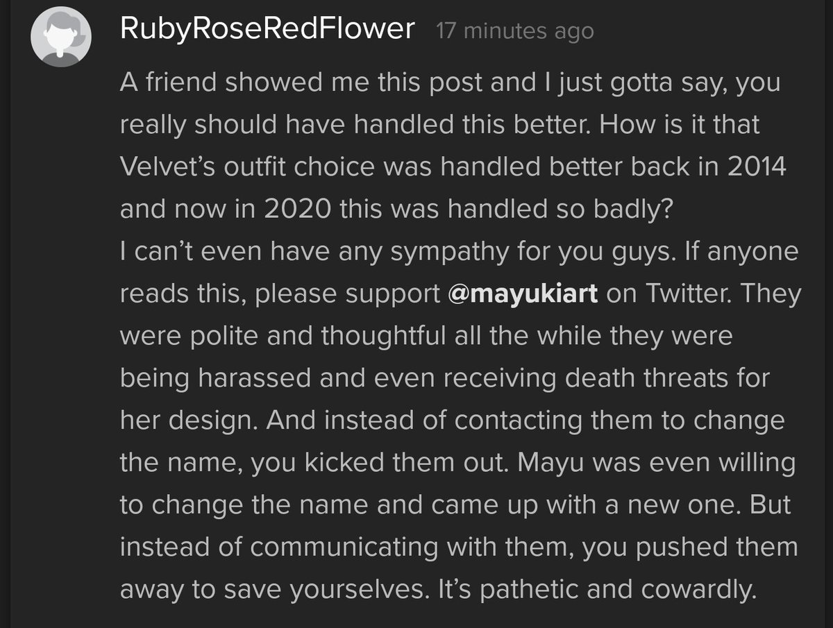 E_Wonder85's tweet photo. @_Hero_Hei_ @ThatUmbrella @YellowFlashGuy @RekietaMedia @TheQuartering
The fans are speaking up on their own website: @RoosterTeeth is a company of cowards for their handling of their #RWBY art contest.
#BoycottRT #CancelCancelCulture #ForMayuki https://t.co/GsPJVcFpUx