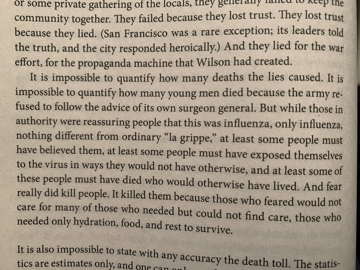 I’ve been reading about the 1918 pandemic, and this paragraph stuck out. Staring with:

“It is impossible to quantify how many deaths the lies caused.”