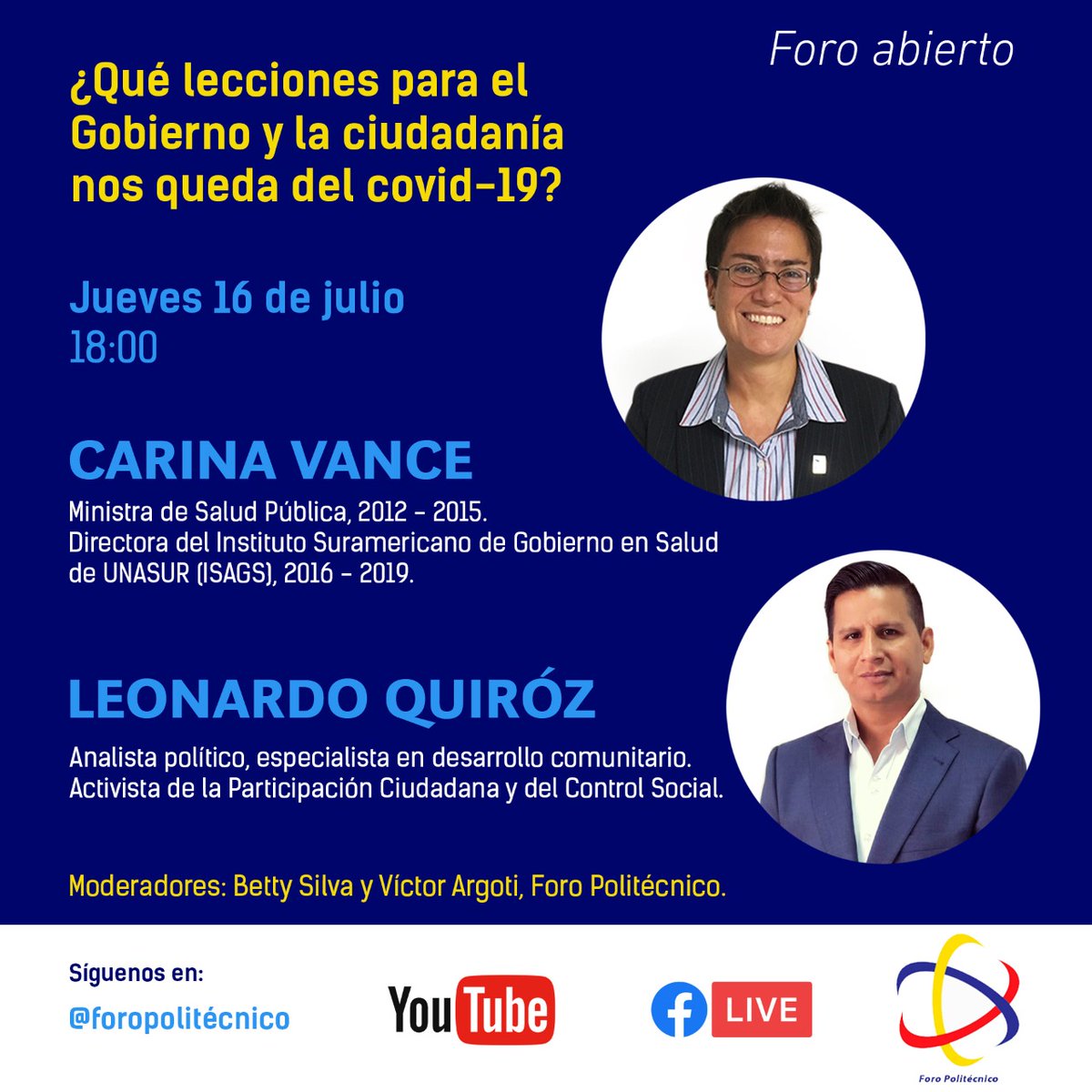 SaludDerechos_'s tweet photo. 📌|Atención| 👇🏿
Este jueves 16 de julio a las 18h00, el @ForoPolitecnico
analizará las lecciones aprendidas de la pandemia con la Ministra de la Revolución Ciudadana @CarinaVanceEC
y el dirigente @LeonardoQuirozL
¡Imperdible!
@dr_saldarriaga
@CTGUERREROD
@Noctilucahh https://t.co/SLb9NcGh87
