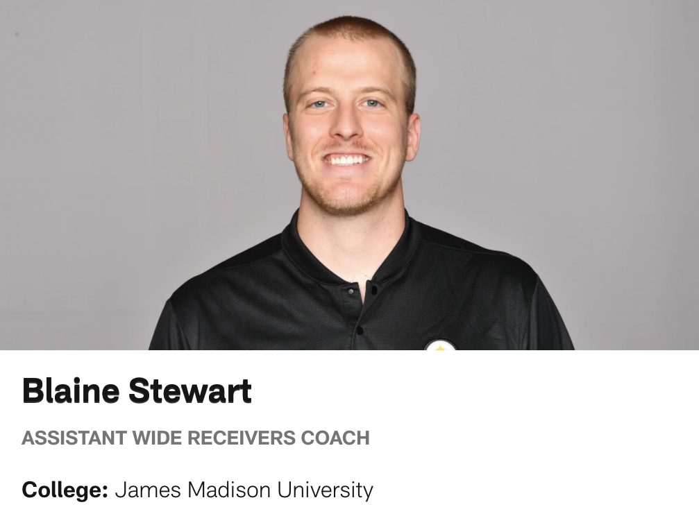 JMUFootball's tweet photo. Congrats to former JMU student-athlete Blaine Stewart for being elevated to assistant wide receivers coach with the @steelers❗️

#GoDukes https://t.co/IGiTUkd1Kh