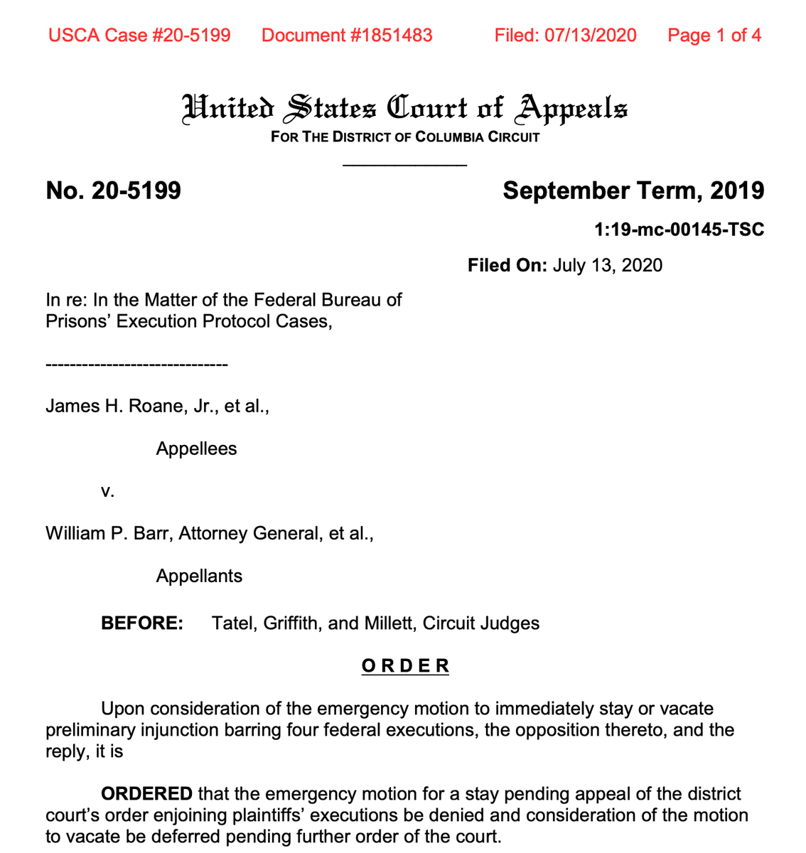 BREAKING: DC Circuit DENIES DOJ request to proceed with today's scheduled execution by denying a stay of the district court's injunction. The DC Circuit also orders expedited merits briefing in federal execution challenge.